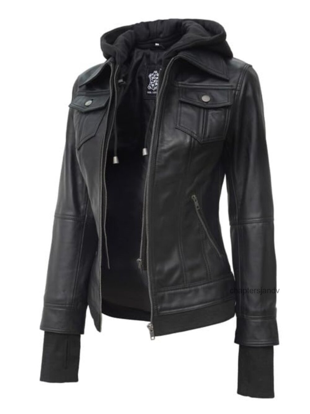Lambskin Leather Bomber Jacket Detachable Hood Thumbhole Cuffs Women